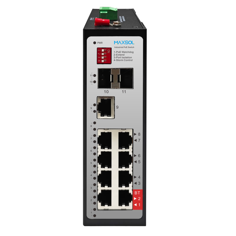 8 portlu endüstriyel HiPOE anahtarı, 90W BT, SFP